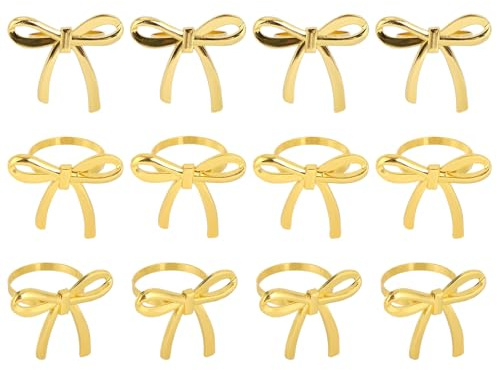 12pcs Gold Bow Napkin Rings, Zinc Alloy Bow Butterfly Napkin Holder Buckles for Wedding Banquet Dinner Party Anniversary Birthday Gatherings Table Decoration