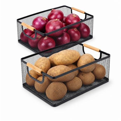 ZoeQide Cestas Patatas Cebollas 2 Piezas Metal, Asas Madera para Despensa