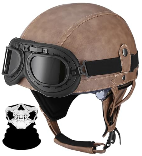 Casco Motocicleta Homologado ECE, Casco Jet Retro de Cuero con Gafas Integradas, Cierre de Liberación Rápida, Unisex para Hombre y Mujer, para Scooter