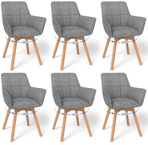 WAFTING 6er Set 360° Drehbare Esszimmerstühle mit Holzbeinen | Moderner Armlehne Polsterstuhl mit Stoffrückenlehne für Esszimmer Wohnzimmer Küche Schlafzimmer Dunkelgrau