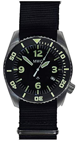 MWC Dephtmaster 1000 m Automatik Stahl Schwarz Saphir Keramik Datum Diver Militär Stoff Herren Uhr, Armband