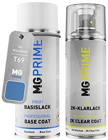 MG PRIME Autolack Spraydose für Mitsubishi T69 Cerulean Blue Metallic +2K | Atollblau Metallic, Set aus Basislack + 2K Klarlack, Sprühdosen 400ml