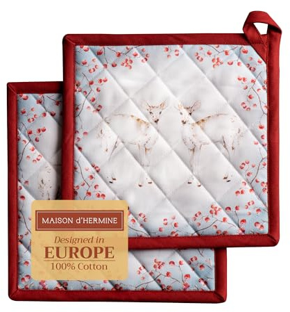 Maison d'Hermine Topflappen-Set, 100% Baumwolle (20 cm x 20 cm, 2er-Pack) | Hitzebeständig mit Schlaufe zum Grillen Backen Anfassen heißer Pfannen Thanksgiving und Weihnachten - Fairy Tale Forest