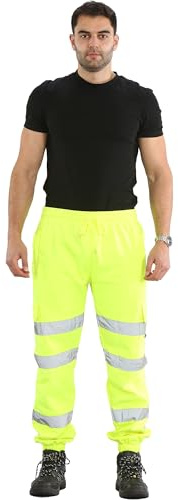 shelikes Mens Hi Vis Trousers High Viz Work Joggers Reflective Safety Workwear High Visibility Tracksuit Bottoms Construction Work Pants Yellow
