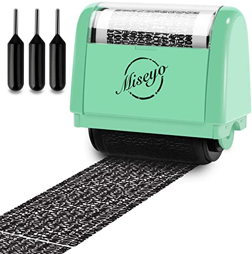 Miseyo Breites Datenschutz Rollstempel– Mintgrün (inkl. 3 Nachfülltinten) | Identitätsdiebstahl-Prävention Stempel, 3,8 cm Breite Adressen Schwärzen, Datenschutzstempel, leichtes Rollen, Nachfüllbar