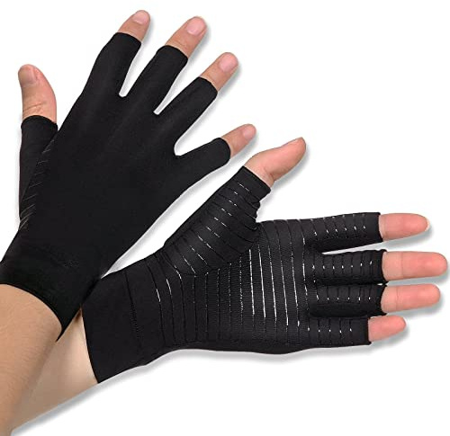 Donfri 1 Pair Copper Infused Arthritis Hand Compression Gloves Fingerless Design Women Men Relieve Symptoms Rheumatoid Osteoarthritis Raynauds Disease Breathable Comfortable Fit Machine Washable (M)