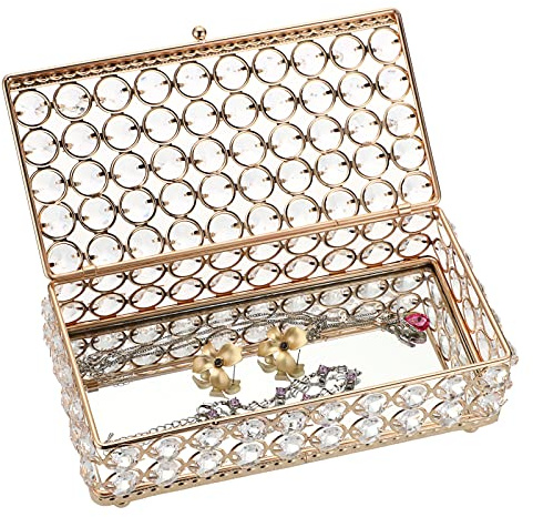 Tolida Kristall-Schmuckschatulle, Schmuck-Organizer mit verspiegelter Unterseite, Geschenkbox für Halskette, Ringe, Ohrringe, Hochzeit, Geburtstag, Party, Tafelaufsatz, Dekor (rechteckig, gold, groß)