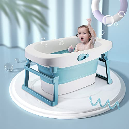 Vasca da Bagno per Neonati Pieghevole, Vasca da Bagno Autoportante per Neonati, Vasca con Seggiolino da Bagno, Blu-bianco, 85×55×43 cm