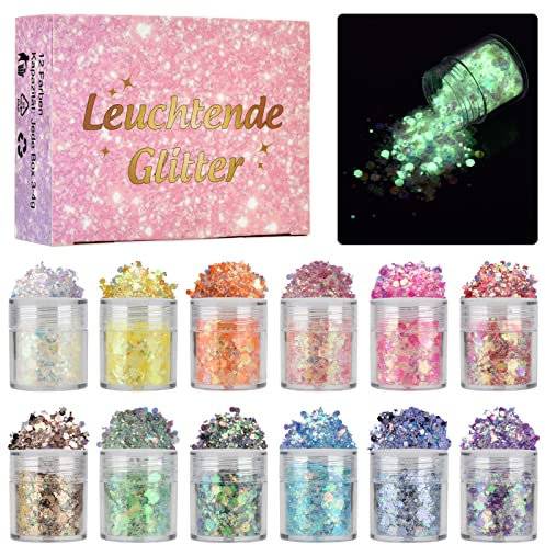 12 Farben Festival Glitzer Gesicht, Fluoreszierender Body Glitter für Gesicht, Nägel, Augen, Haare - Chunky Sequin Glitzerpulver Set für Karneval, Fasching, Halloween, Partys und DIY Handwerk