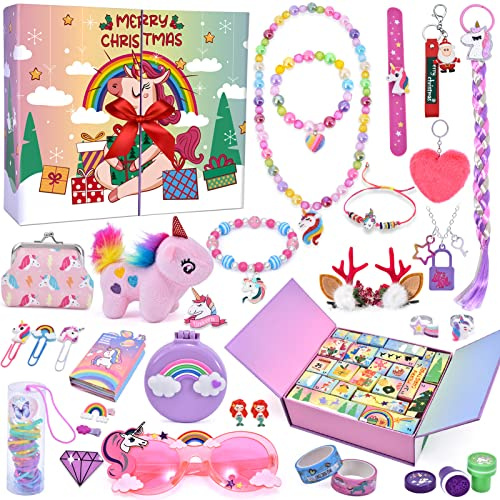 Adventskalender 2025 Kinder Mädchen Weihnachten Countdown Kalender Mädchen Einhorn Schmuck Ohrringe Halskette Armband Ring Brille Haarclips Weihnachten Adventskalender Geschenk für Kinder Mädchen