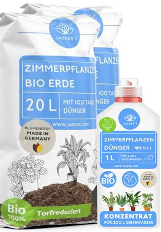 Blumenerde Zimmerpflanzen-Erde 40 L + 1 L Dünger-Zimmerpflanzen - 100% natürliche Rohstoffe - Für Blüh- & Grünpflanzen - Pflanzendünger Zimmerpflanzen - Lockere Erde für Pflanzen mit Dünger