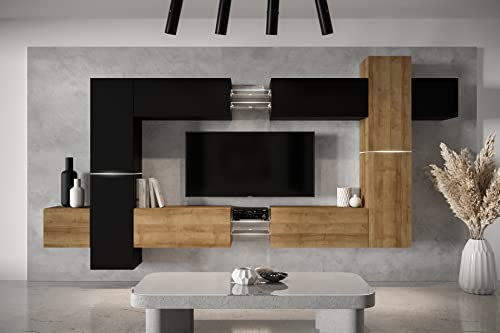 Furnitech Wohnwand Wohnzimmer - Wohnzimmer Möbel mit LED Weiß - Hängend Wohnwand Modern - Wohnzimmer Schrankwand mit Regale und TV Schrank (AN91NEW-21BDZ-M9 MATT)