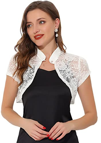 Allegra K Damen Sommer Spitze Bolero Strickjacke Kurzarm Hochzeit Leicht Elegante Festlich Jäckchen für Abendkleid Weiß M
