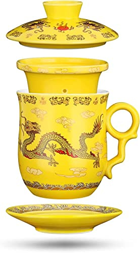 Taza, diseño de dragón chino, juego de 4 tazas de té con colador, infusor, tapa y platillo, taza de té de cerámica, taza de té personal de porcelana china, 12.3 oz (0.08 gal) for cumpleaños del día de