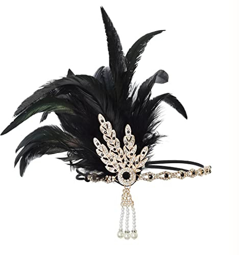 IYOU Copricapo del Grande Gatsby Fascia Flapper Cristallo Nero Fascia per capelli da matrimonio del Festival della Piuma per Donne Matrimonio