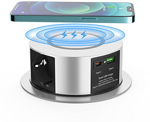 3 Fach Versenkbare Steckdose USB C mit 10W Kabellosem Ladegerät, Ohuo 2 USB Einbausteckdose für Arbeitsplatte Mehrfachsteckdose mit 1,8M Kabel, D 120mm