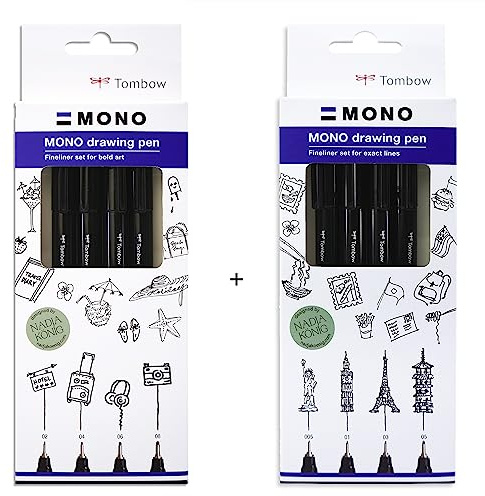 Tombow Fineliner MONO drawing pen, Set Bundle, Pigmenttinte, Wasser- und Lichtresistent, für Skizzen, zum Illustrieren und Zeichnen, Schwarz, 8er Set