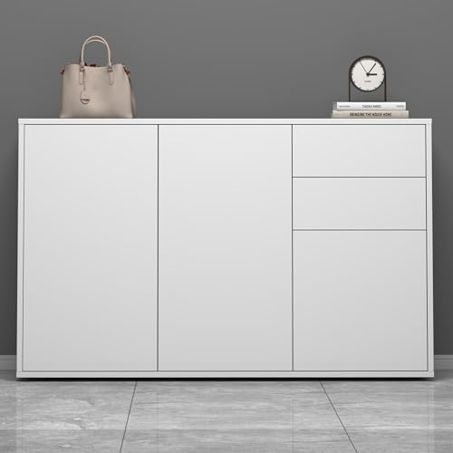 doporro Kommode mit 2 Schubladen 120cm 3 Türen Sideboard grifflos | Schrank mit verstellbaren Böden, matt Weiß, Sideboard Wohnzimmer, viel Stauraum, BxTxH: 120x36x74 cm, Schrank05