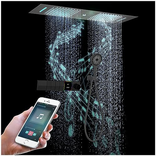 Musik Duschsystem mit Thermostat, 4 Funktionen Duschset Unterputz Schwarz | 300x900mm Edelstahl Duschkopf LED 64 Farben RGB , Duschset Duscharmatur Set mit 3 Funktionen, MessingköRper