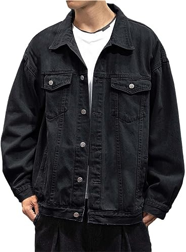 L9WEI Jacka herr, herr jeansjacka enfärgad revers övergångsjacka herr denim jackor höst långärmad fritidsjacka mode streetwear, svart, 5XL