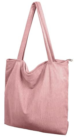 TeeYee Cord Tasche Damen Umhängetasche Tote Bag Kord Damen Shopper Handtasche mit Reißverschluss Schultertaschen Henkeltasche Große Kapazität für Arbeit Büro Reisen Einkauf Schule Alltag rosa