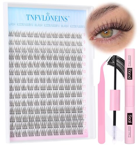 Natural Lash Extension Kit 168Pcs Lash Clusters Kit Wispy Eyelash Extensions 9-12MM Individual Lashes Extensions with Bond and Seal Lash Glue and Eyelash Extension Tweezers DIY at Home by TNFVLONEINS