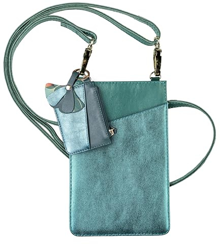 Clairefontaine 115952C - Lot Pochette Pour Téléphone Portable En Cuir + Porte Cartes en Cuir + Porte Clés en Cuir Bleu indigo Irisé et Vert Sapin/Petite Sacoche Pour Téléphone Sac Bandoulière Femme