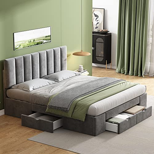Zravenna Boxspringbett 160x200 mit Bettkasten,Polsterbett Samt mit Lattenrost, 4 Schubladen auf Rollen Stauraumbett,Polster Kopfteil Bettrahmen, Grau