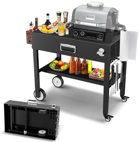 Denmay Carrello per barbecue Ninja Woodfire Outdoor Grill (serie OG700), pieghevole per barbecue da esterno per Ninja Woodfire, Weber Q1000, carrello pieghevole da esterno con grande spazio