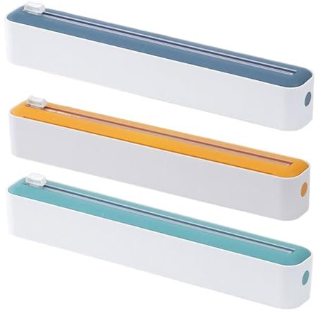 3 Cling Wrap Organizers - Wrapmaster Film Dispenser, Reusable Storage Boxes | Household Design Sarans Organizer, Adjustable Parchment Paper Holder, Waterproof Slider Cutter, Random Color