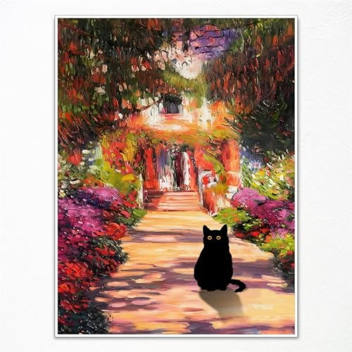 GAINOW Vintage Monet Gartenkatze-Leinwandkunst, berühmte Ölgemälde, Monet-Blumen schwarze Katze Poster, lustiger Blumendruck Raumdekoration für Schlafzimmer 30x40cm ungerahmt