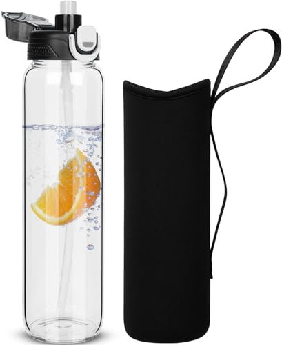 DEARRAY 1l Glass Water Bottle with Straw & Neoprene Sleeve 1 litre BPA free Glass Drinking Bottle Leakproof