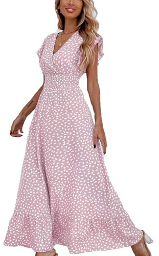 BSLVWG Maxi Robes pour Femme Lotus pétales Manches Courtes col en V Floral été Plage Vacances Jupe Soleil Robe Longue décontractée