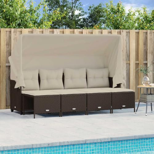 Homgoday 5-TLG. Gartensofa 4-Sitzer mit Dach Gartenlounge Balkonmöbel Gartenmöbel Loungemöbel Sitzgruppe Loungesofa Sofagarnitur mit Fußhocker Braun Poly Rattan