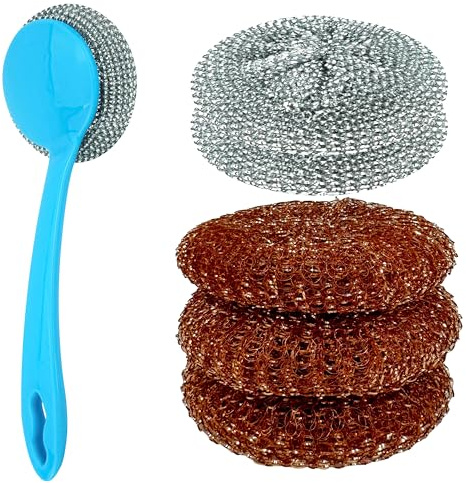 6PCS Kitchen Cleaning Scourer Set with Handle – Non Scratch Steel Copper Scrubbers Refill Pads for Pots Pans Grills – Rust Resistant Durable Scouring Pads for Heavy Duty Use