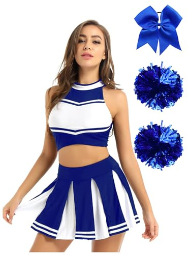 Jugaoge Dam Cheerleading Uniformer Sexiga Ränder Crop Top och Veckkjole med Glänsande Handblommor Bowknot Hårgummiarmband Tävlingsoutfits Blå L