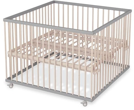 Sämann Laufstall Baby mit Lattenrost und 3 Schlupfsprossen | stufenlos höhenverstellbar | Laufgitter Premium | Babybett aus Holz | Krabbelgitter (grau/natur, 120x120 cm)