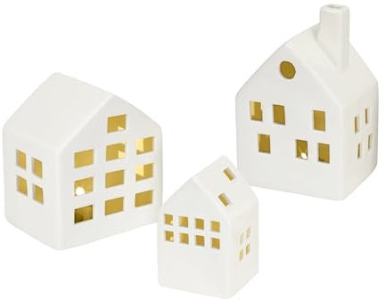 Spetebo LED Keramik Haus weiß - 3er Set - Deko Weihnachtsdorf Batterie betrieben mit Beleuchtung in warm weiß - Weihnachts Tisch Deko Aufsteller Winter Haus