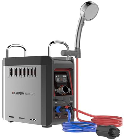 CAMPLUX Nano 3 Liter Gasdurchlauferhitzer Mobiler mit Wasserpumpe & Griff, 12 Volt, 50mbar LPG, für Campingdusche, Nano 3 Pro-DE