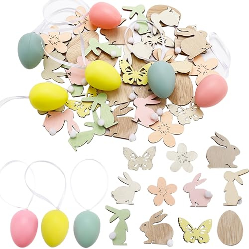DazzJoy Holz Konfetti Ostern Deko mit Plastik Ostereier,42 Stk Groß Streudeko Ostern,Hasen,Blume,Eier Ostern Tischdeko,Osterstreudeko Confetti,Frühlingsdeko Oster Konfetti zum Basteln,Ostern Geschenke