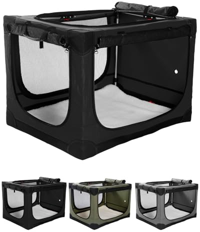 derimkcoa 76 * 54 * 54CM Hundebox faltbar, Hundetransportbox Auto für mittelgroße Hunde bis 20,5 kg, tragbare Soft-Hundebox mit reißfesten Netzfenstern, Plüschmatte und Tragetasche,Schwarz