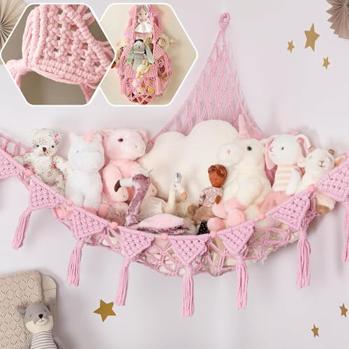 Lunriwis gosedjur förvaring nät, boho makramé gosedjur leksak förvaring hängande väska, förvaring gosedjur lagring nät leksaksförvaring barnrum rosa