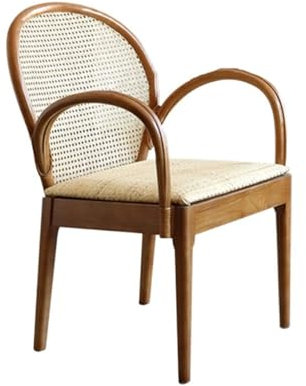 ZKALQECNF Korbstuhl Moderner Esszimmerstuhl aus der Mitte des Jahrhunderts mit Rattan-Rückenlehne – Gepolsterter Sitz aus Naturholz mit Armlehnen for das Esszimmer und die Küche zu Hause Rattansessel