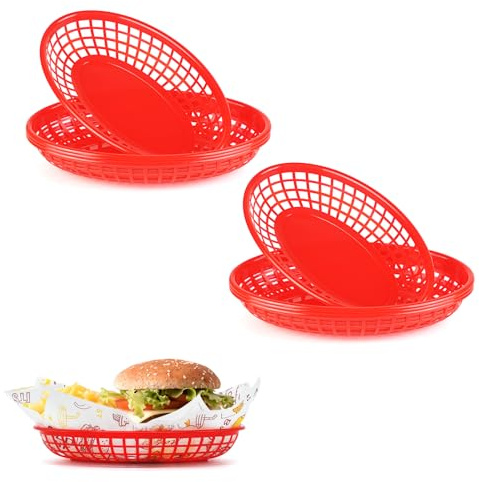 JJWNMLL Food Baskets,8pcs Red Reusable Plastic Oval Fruit Basket | Baskets for Burgers,Fries,Sweets,Crisps,Party,Picnics,BBQ