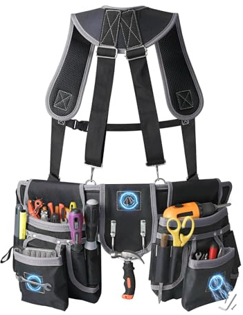 RANDUN Werkzeuggürtel für Herren mit Hosenträgern, magnetische Werkzeugtasche, 26 Taschen, robuste Arbeitsgürtel, abnehmbare, verstellbare Werkzeuggürteltasche für Elektriker, Tischler, Bau