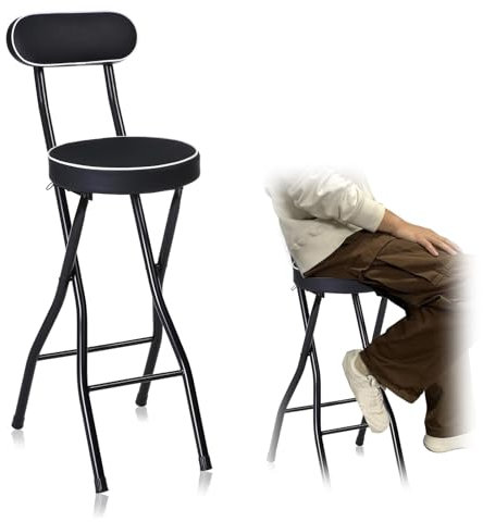 Sgabello da bar portatile con schienale alto, sedia da cucina pieghevole e imbottita, design rotondo nero, sgabello alto per la colazione, seduta salvaspazio (1 pezzo, 60 cm)