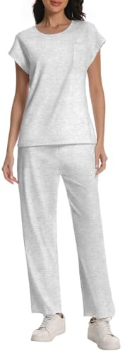 Rolcoassuns Women's Pyjamas Set Cotton Womens Lounge Wear Sets Summer Sleepwear 2 Piece Ladies Short Sleeve Tops Long Pants Casual Co Ord Sets