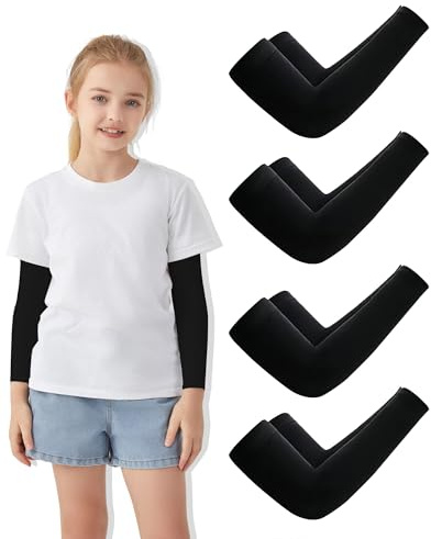 VNLEXMC 4/6 Pairs Arm Sleeves for Kids – Sun Protection Cooling Compression Sleeves for Boys,Girls & Youth,Sports,Gardening (4 Black)