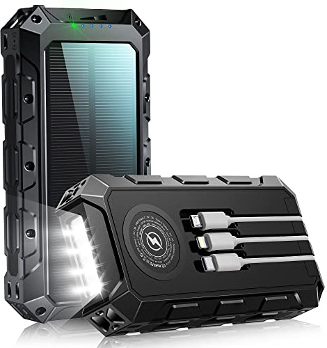 Power Bank, 49963 mAh, batterie solaire sans fil, chargeur rapide portable avec câble intégré, 7 sorties/2 entrées, avec lampe de poche/affichage LED pour smartphone