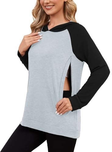 Love2Mi – Felpa con cappuccio da allattamento da donna con cerniera invisibile, maglione premaman a maniche lunghe, per gravidanza e allattamento, Grigio/Nero, S